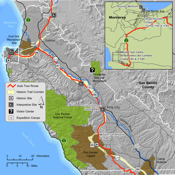 Map of Juan Bautista de Anza trail in Monterey County