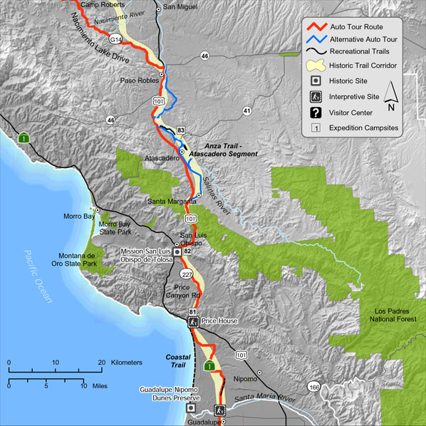 Map of Juan Bautista de Anza trail in San Luis Obispo County