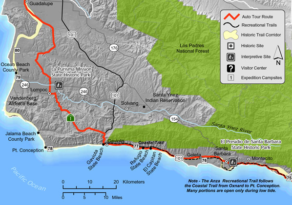 Map of Juan Bautista de Anza trail in Santa Barbara County