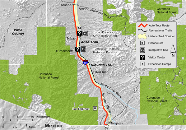Map of Juan Bautista de Anza trail in Santa Cruz County, Arizona